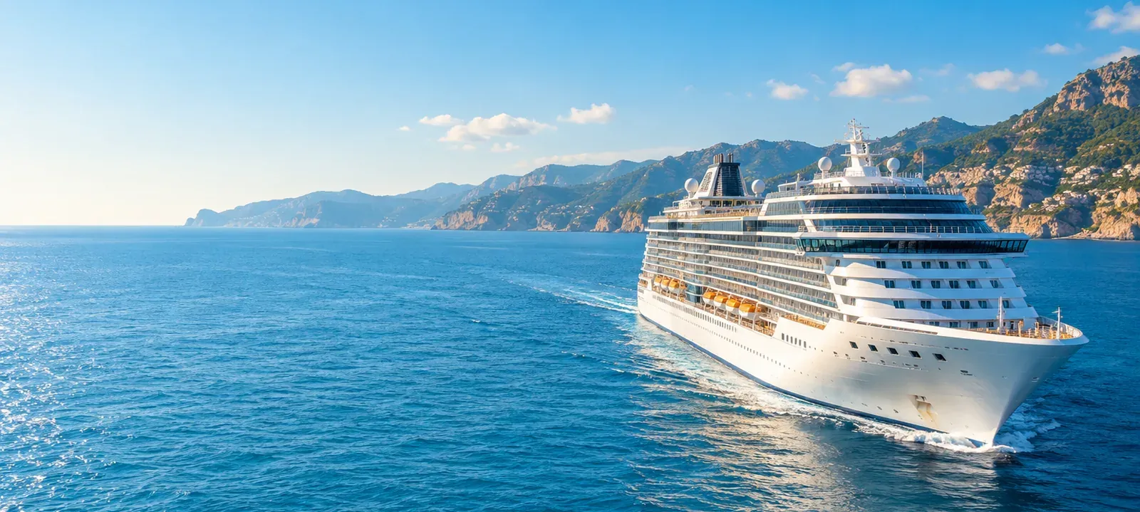 Cruise ship sailing along a sunlit Mediterranean coastline